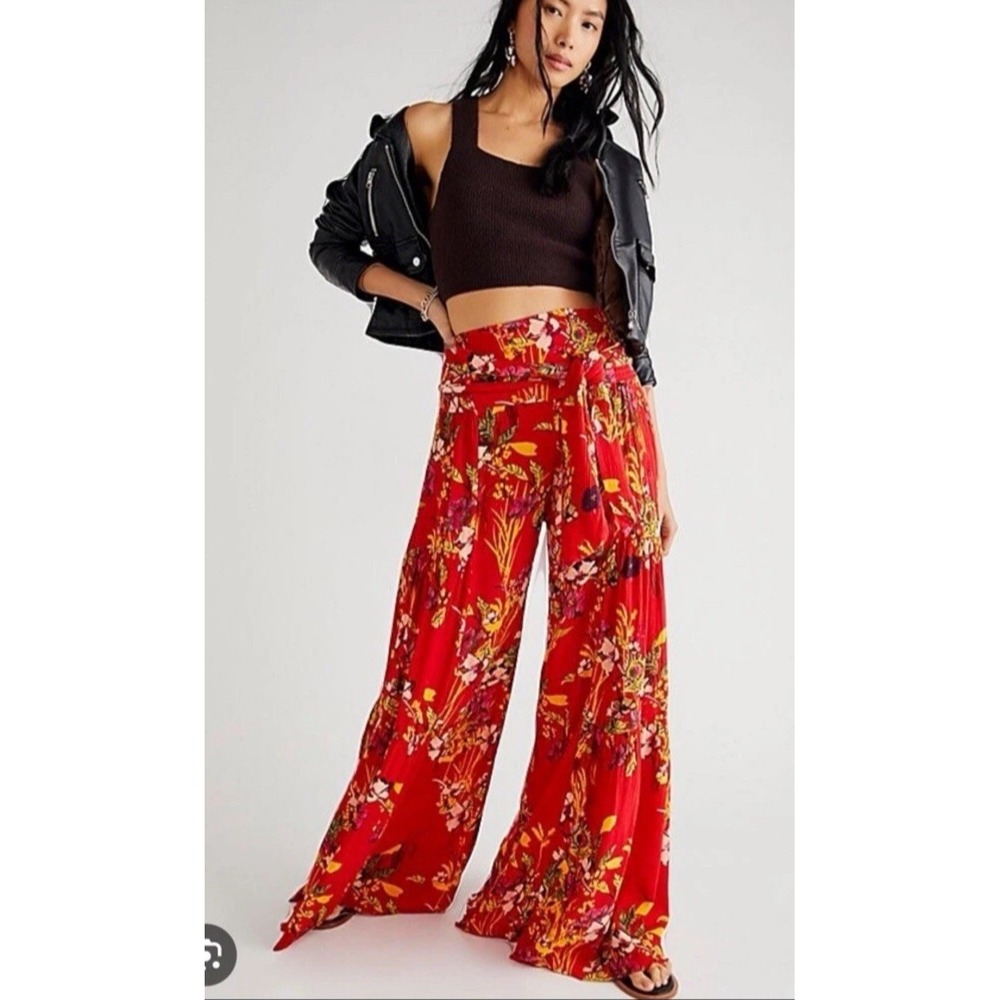 Free People FP One Aloha Printed Pants Womens XS Wide-Leg Floral Red Combo